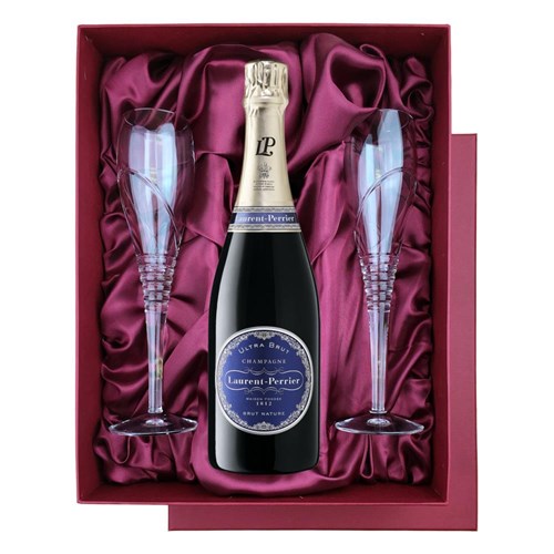 Laurent Perrier Ultra Brut Champagne 75cl in Red Luxury Presentation Set With Flutes
